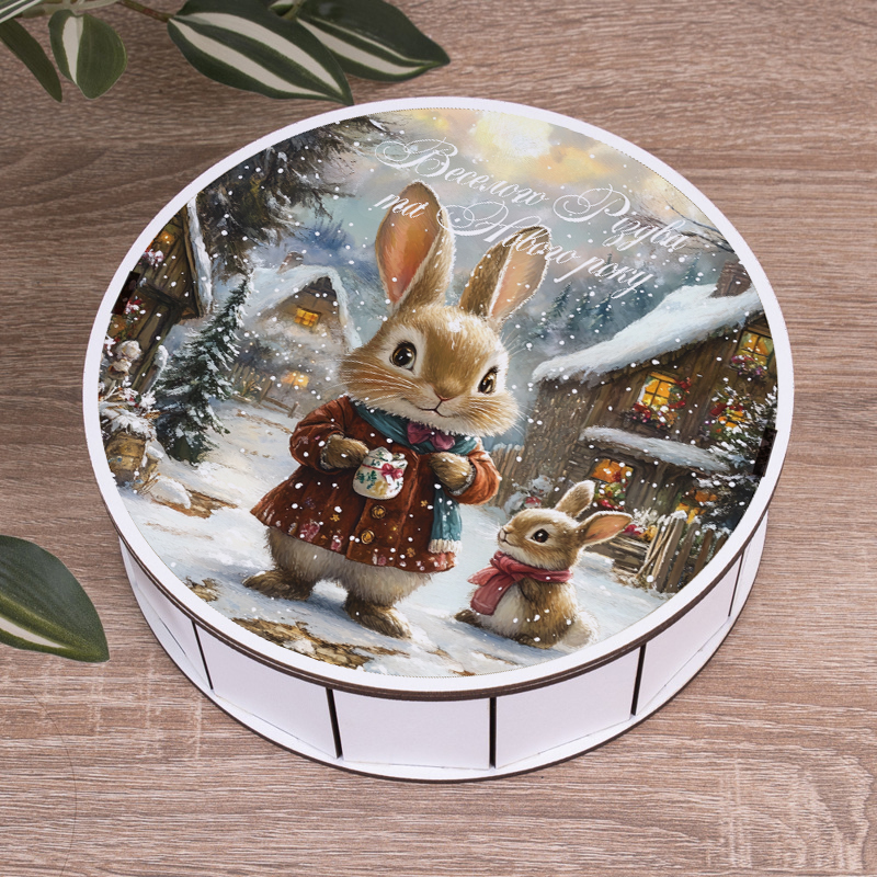 Коробка круглая 19,5 см новогодняя с зайчиком